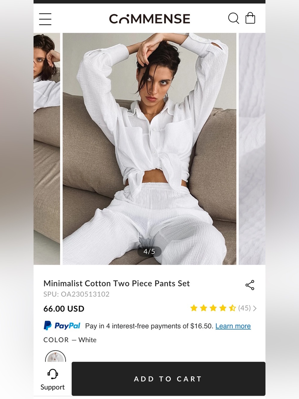 Minimalist Cotton Two Piece Pants Set - White Size Small - Picture 5 of 5